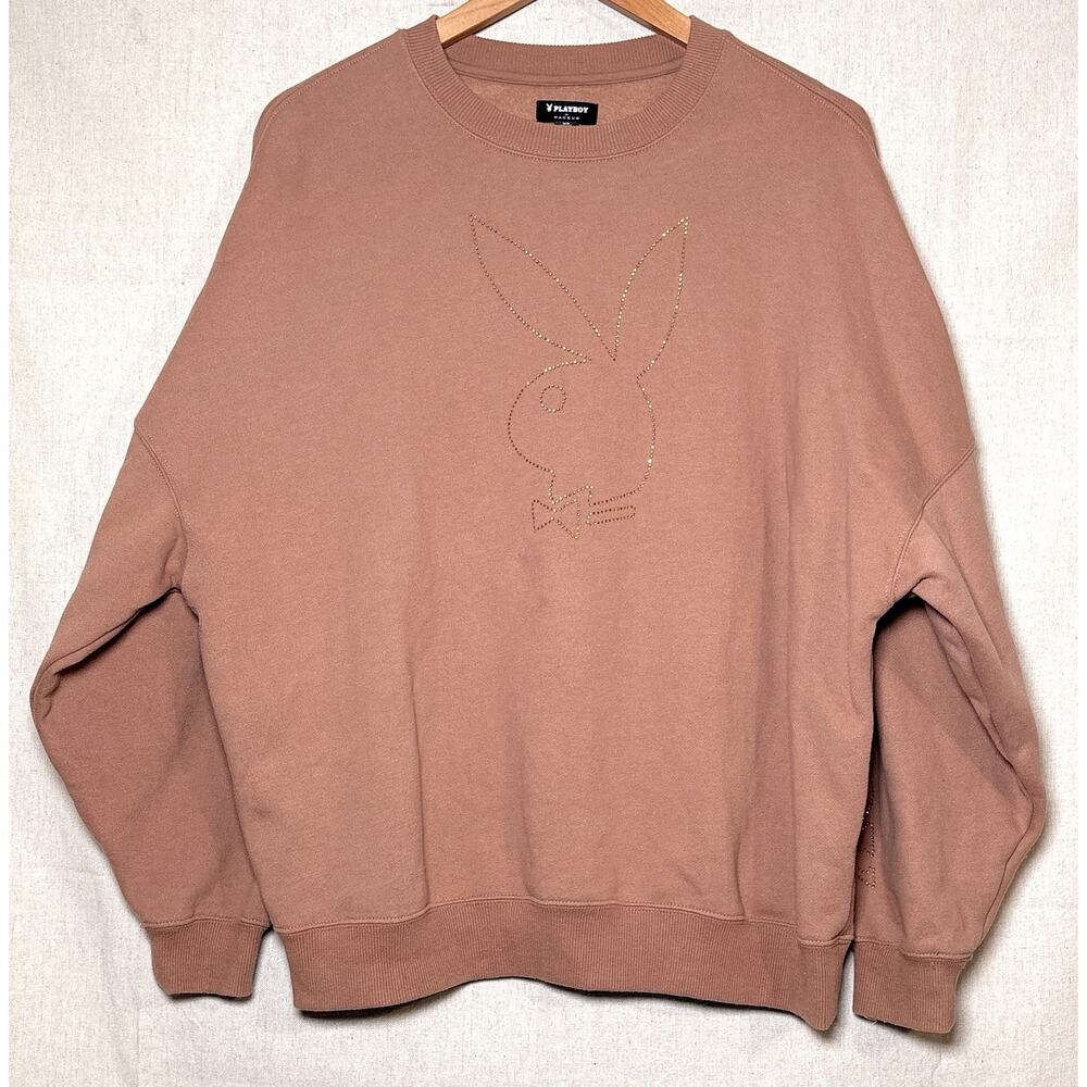 Playboy Pacsun Bunny Brown Bling Crewneck‎ Sweatshirt Size XS Oversized Sparkle